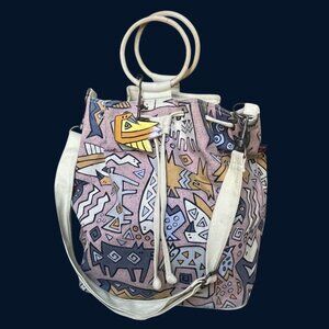 Laurel Burch Canvas Shoulder Tote BUcket Bag Purse Tribal Animal Bamboo Handle